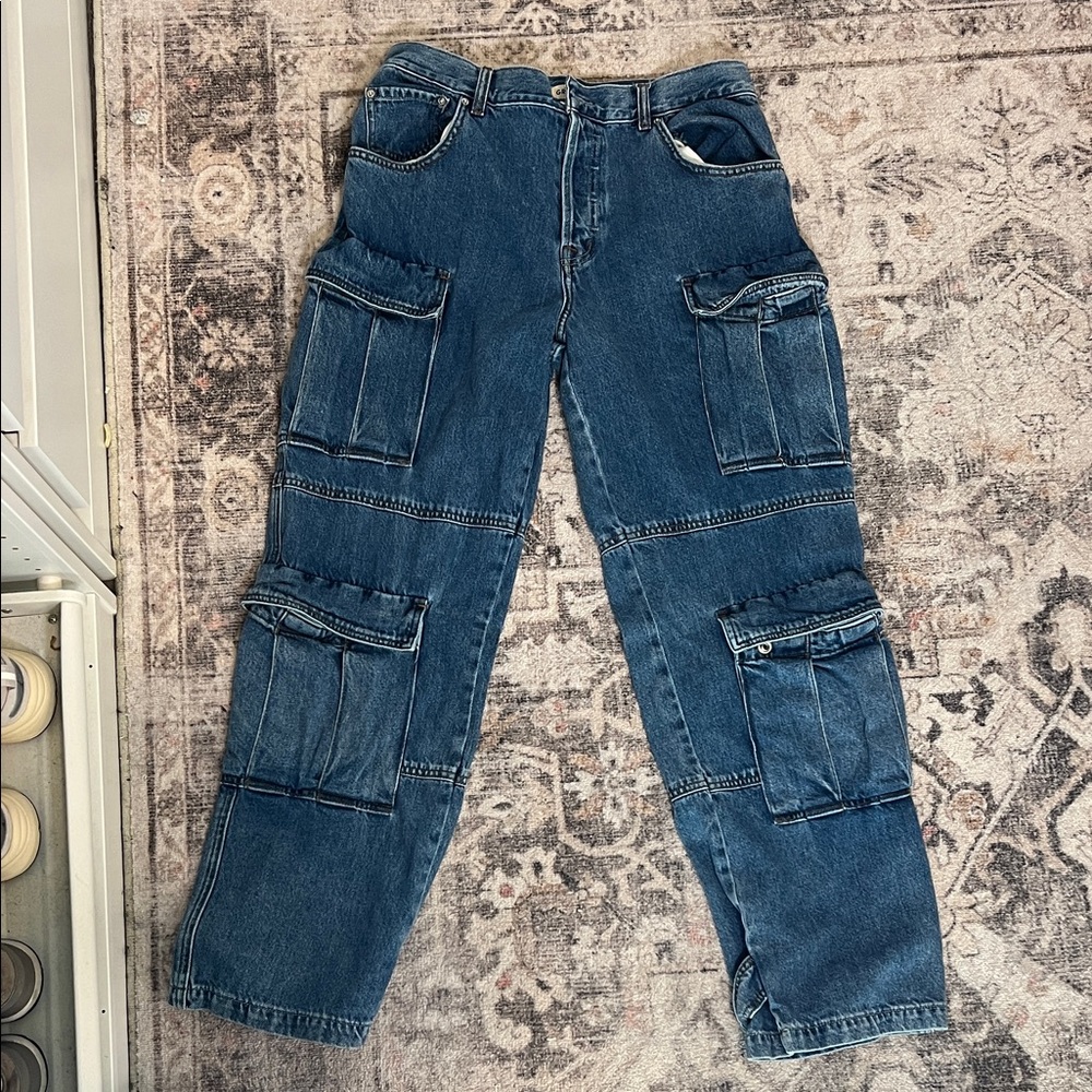 GRLFRND Blue Wide Leg Cargo Pants